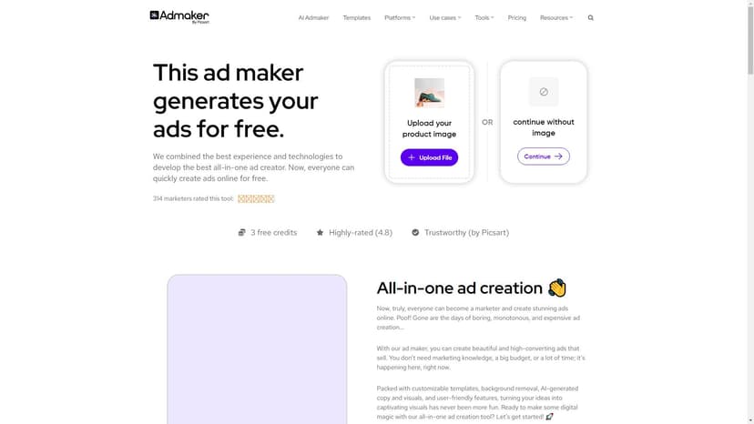 Admaker - Admaker是一款旨在为小型企业提供快速和简单地创建社交媒体广告的人工智能工具。它使用AI技术生成图片、背景和文字，从而使用户能够轻松地制定广告策略。