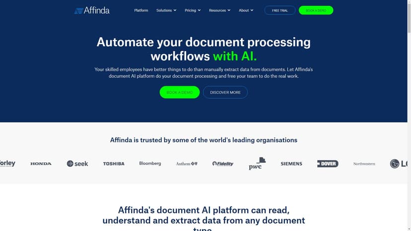 Affinda - Affinda是一款智能文档解决方案，结合了多年的文档重建IP和最新的计算机视觉、自然语言处理和深度学习技术。它可以读取、理解并从任何文档类型中提取数据。