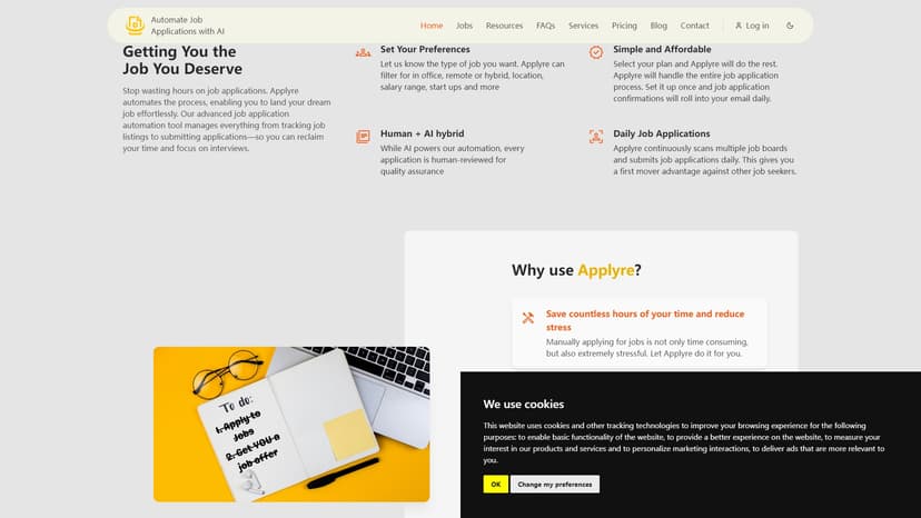 Applyre - Applyre是一款基于人工智能技术的求职平台，旨在为用户提供高效、个性化的求职体验。该工具可以根据用户的个人信息和偏好，为其自动搜索并申请匹配的工作机会，并针对每份工作精细地优化简历，以提高面试成功率。