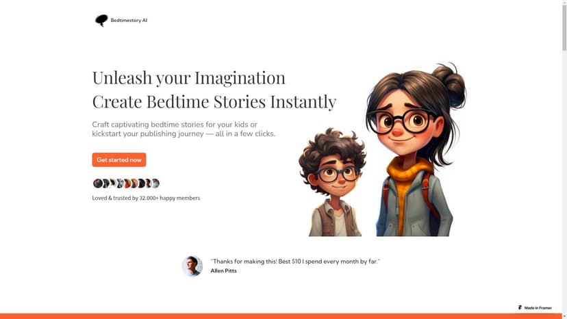 Bedtimestory - Bedtimestory.ai是一款使用人工智能生成即时、个性化的睡前故事。它允许您将您的孩子和家庭成员作为角色添加到故事中，并可以选择不同的题材、艺术风格、道德教育等。