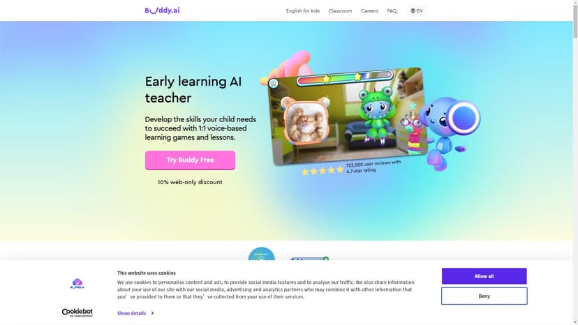 Buddy.ai - Buddy.ai是一款基于人工智能的在线英语学习工具，旨在通过有趣的游戏和互动方式帮助儿童从零基础开始学习英语，并最终达到自由对话水平。