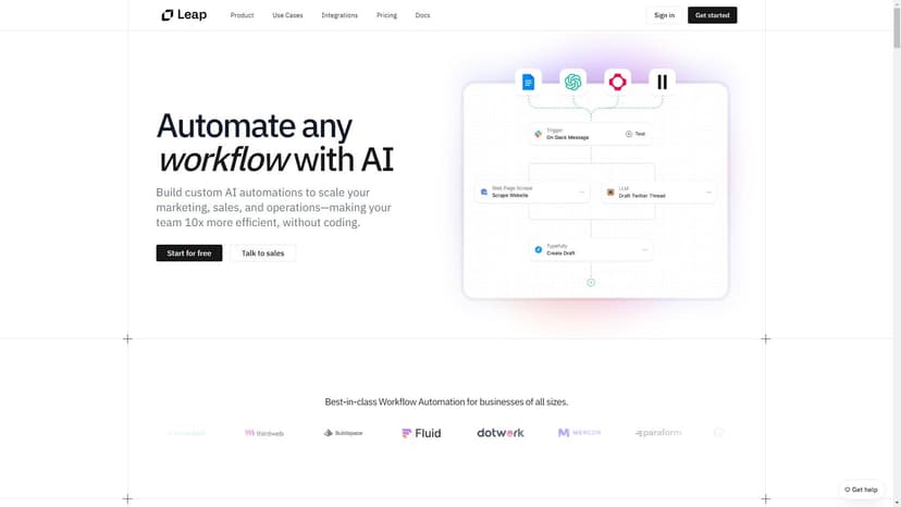 Leap AI - Leap AI是一款全能型自动化工具，提供高效且灵活的方式来管理您的营销、销售和运营流程。无需编码，您可以通过Leap AI创建定制的AI自动化解决方案，使团队变得更具竞争力。