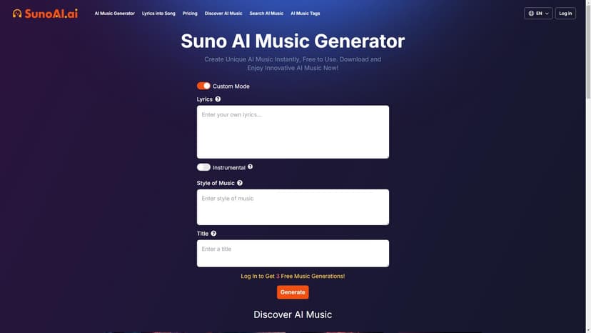 SunoAI Music Generator - 使用SunuoAI Music Generator，您可以快速创建高质量的AI音乐，支持多种风格和类型。无需任何音乐背景知识或专业技能即可轻松生成原创音乐。