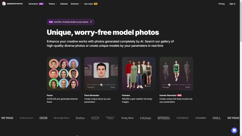 Generated Photos - 使用人工智能生成高质量、独特且版权免费的头像图片，适用于广告、设计、营销、研究和机器学习等领域。
