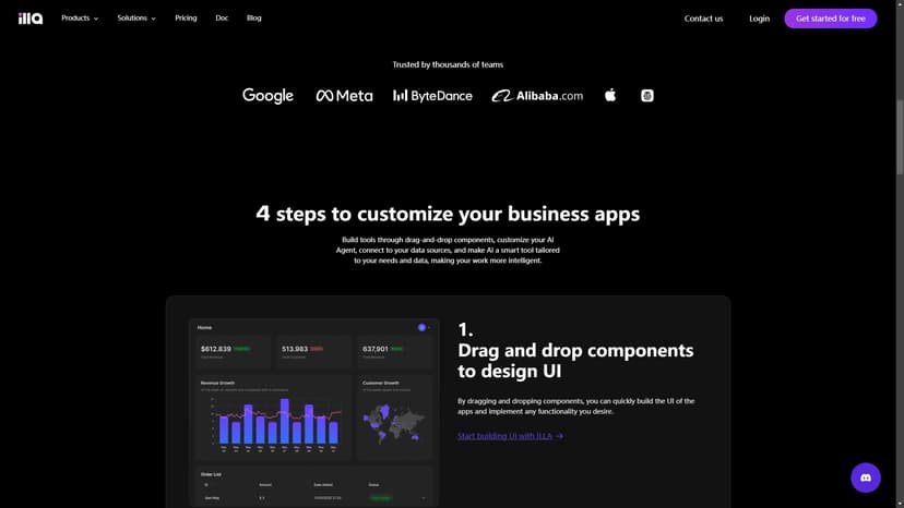 ILLA Cloud - ILLA Cloud是一款低代码工具平台，结合了人工智能的助手功能，帮助用户快速创建适用于企业内部各种需求的定制化应用程序。通过四个步骤即可自定义业务应用程序，并提供用户反馈、常见问题解答和FAQ等支持服务。