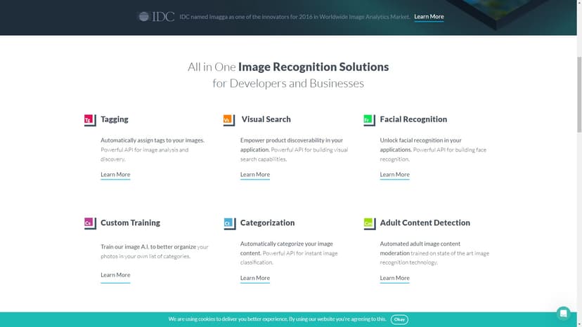 Imagga Image Recognition API - Imagga Image Recognition API是一款提供图像标签、分类和可视化搜索等解决方案的工具，可在云端或本地部署。适用于开发者和企业。