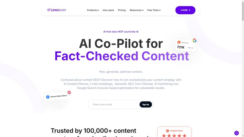 LongShot AI - 使用人工智能，LongShot AI可以为您的品牌创造真实、准确的内容，并将其与您的知识进行集成。研究、策划、写作、优化和发布。