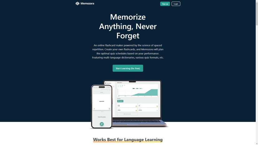 Memozora - Memozora是一款在线闪卡制作工具，集成了间隔重复学习、多语言词典和文本到语音等功能。适用于PC和移动设备，可以帮助用户创建自己的闪卡，并根据其性能计划最佳的测试时间表。支持多种测验格式，包括文本、图片和音频。