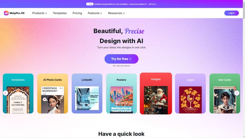 MolyPix.AI - MolyPix.AI是一款强大的AI设计生成器，通过输入提示即可瞬间创造出专业级别的海报、邀请函和其他多种设计作品。