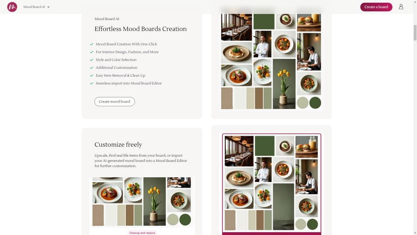MoodBoard AI Board Editor - 使用我们的直观、人工智能驱动的工具，在几分钟内轻松地创建、自定义并分享在线心情板。无需任何设计经验，通过可视化流程构建专业且吸引人的心情板。