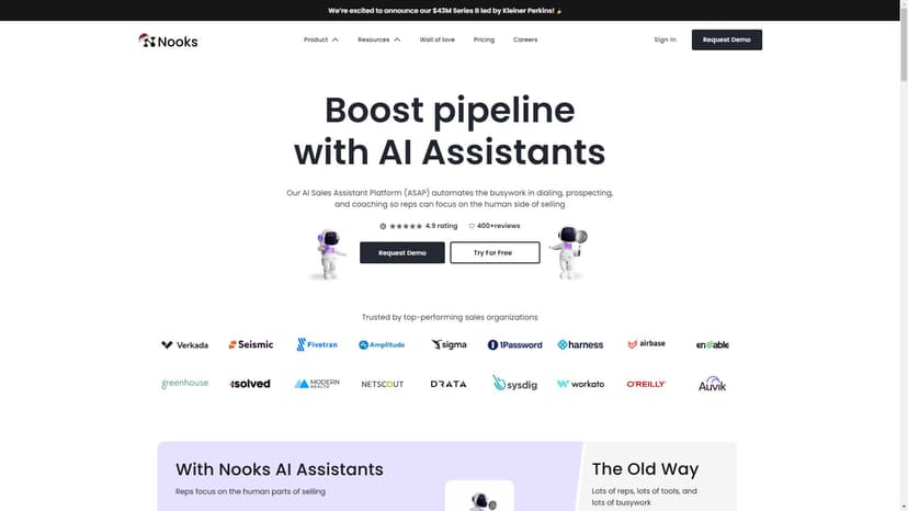 Nooks AI Sales Assistant Platform - Nooks AI Sales Assistant Platform是一款专门为销售团队打造的AI工具，旨在帮助他们自动化繁琐工作，从而提高销售效率和产量。
