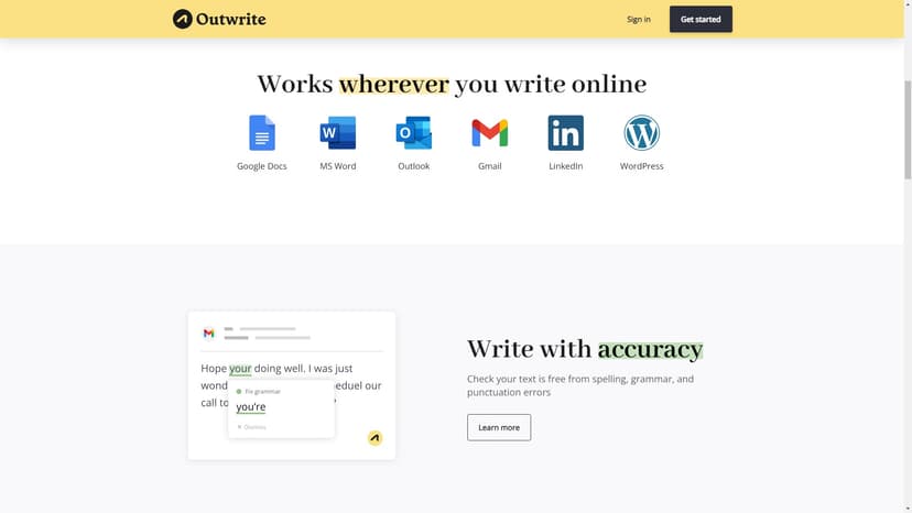 Outwrite - Outwrite是一个全能型的写作助手，集成了AI写作助手功能，可以帮助你在任何在线平台上改善你的写作能力。它不仅可以检查语法和拼写错误，还能够帮助你转化想法成有力的话语。