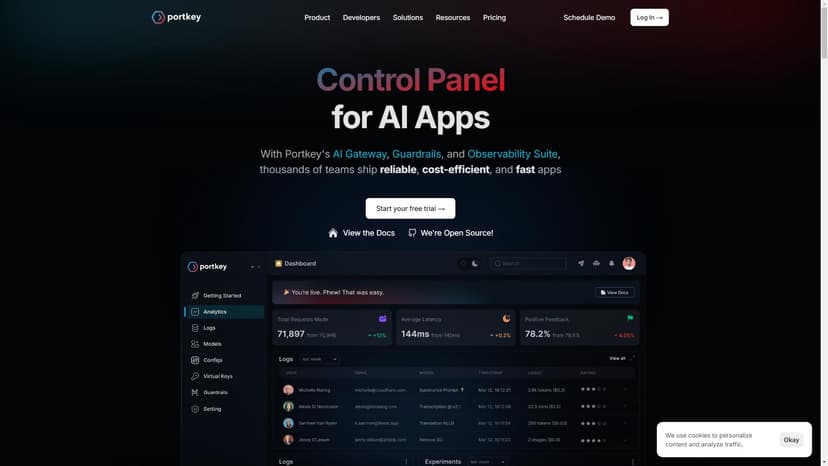 Portkey - Portkey 是一款简单易用的 AI 工具，能够使团队轻松观察、管控和优化整个组织中的应用。只需三行代码，就可以使用 Portkey 实现全面的 AI 管理。
