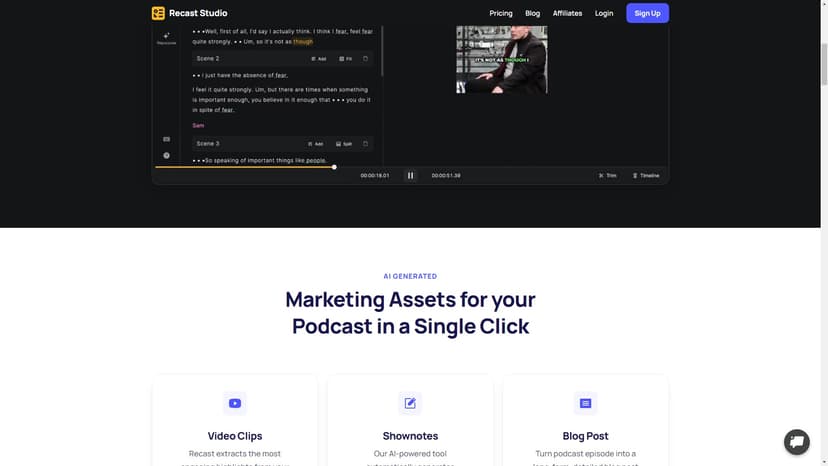 Recast Studio - Recast Studio是一款基于AI的视频编辑器工具，旨在为没有视频编辑技能的营销团队提供快速编辑和重用的视频和音频内容解决方案。通过其强大的功能，您可以轻松地生成社交媒体广告、短片和其他多种格式的视频素材。