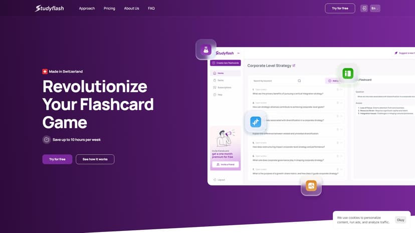 Studyflash - Studyflash是一款基于人工智能的学习资源生成工具，旨在为用户提供高效、个性化的学习体验。通过简单三个步骤，您可以自动获取与您的课程和需求相匹配的学习材料，并使用平台上最好的学习算法进行学习。