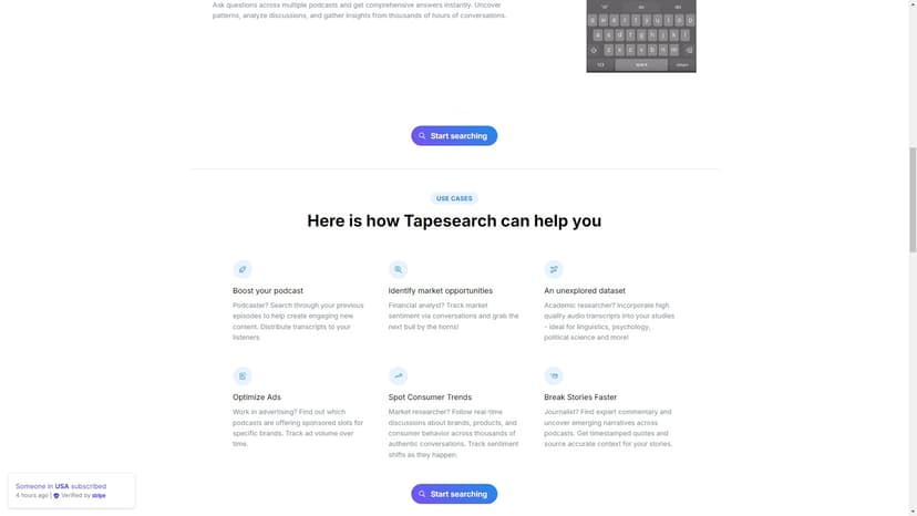 Tapesearch - 通过下载和整理音频节目中的文字稿件，Tapesearch让您轻松探索趋势话题并提高研究效率。
