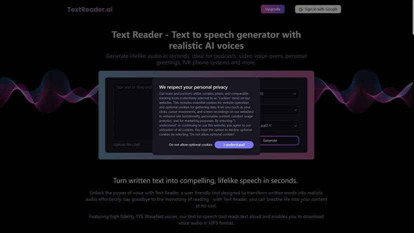 Text Reader - Text Reader 是一款实用的文字转语音生成器，能在几秒钟内生成逼真的音频。它适用于播客、视频配音、个人问候语、电话自动响应系统等多种场景。