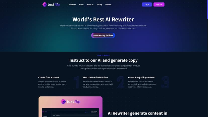 TextFlip - TextFlip是一款革命性的AI重写工具，可以快速生成高质量的文本内容。只需简单几步，您就可以利用我们的AI工具轻松地创建博客文章、产品描述和其他类型的内容。