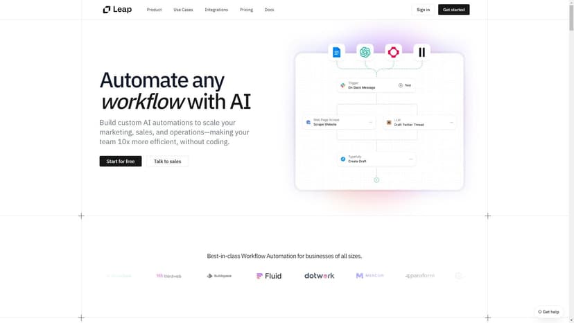 Leap AI - Leap AI是一个全能型AI工具，帮助您在不需要编码的情况下自动化业务运营、市场营销和销售活动。它可以轻松地创建定制化的AI自动化任务，提高团队效率并扩大范围。