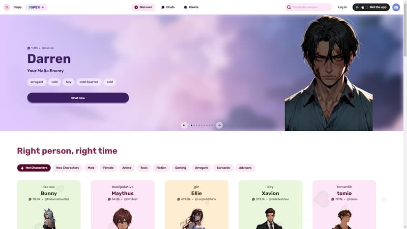 Dippy - Dippy 是一款全新的交互式 AI 工具，提供了数百万个主动的 AI 角色供你与之交流。无论是进行聊天还是展开复杂的角色扮演，Dippy 都能满足你的需求。除了免费体验外，它还具有完美记忆和无限消息功能，使得你可以尽情享受这个工具带来的乐趣。