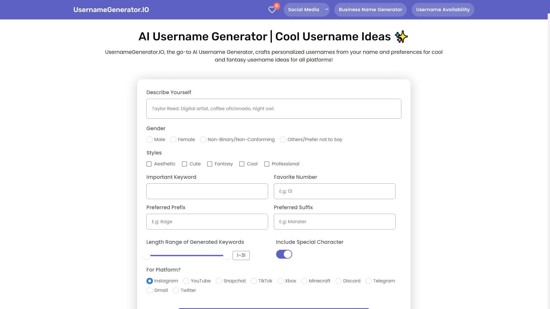 UsernameGenerator.IO - 个性化的名称生成器