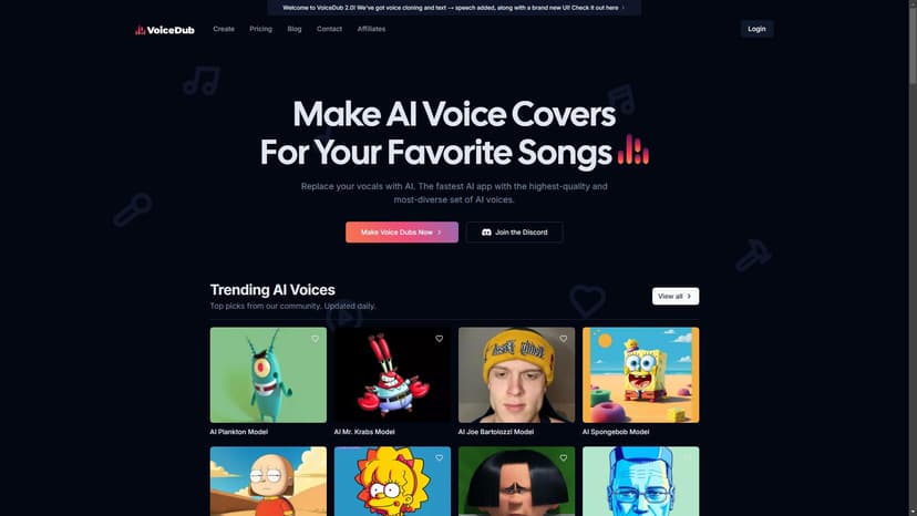 VoiceDub - VoiceDub是一个使用人工智能技术生成音频覆盖的平台。通过我们的AI工具，你可以将你的声音克隆到歌曲中，甚至使用文本来生成语音。我们拥有的超过10,000个不同的声音可供选择，每天更新最新和最流行的AI模型。