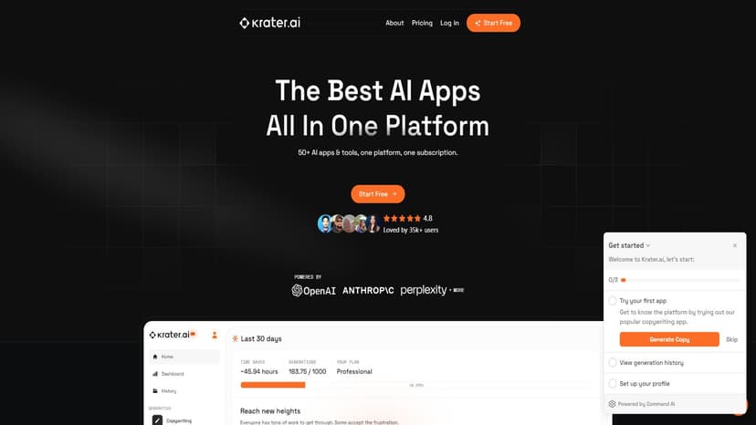 Krater.ai - Krater.ai 是一款集成多种 AI 应用程序和工具的全方位平台，消除了对多个独立 AI 工具的需求。只需订阅一次，就可以享受超过50项 AI 应用和工具的功能。