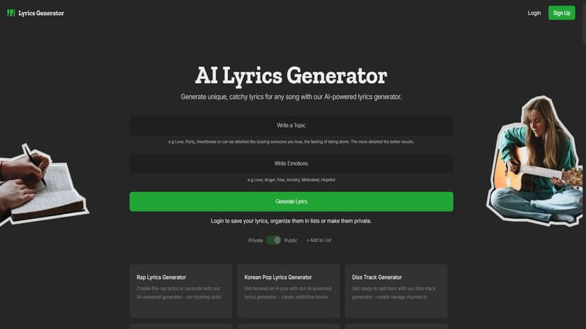 AI 歌词生成器 - 使用我们的 AI 强大的歌词生成器，可以为任何歌曲生成独特、引人入胜和富有含义的歌词。无需写作技巧即可尝试。