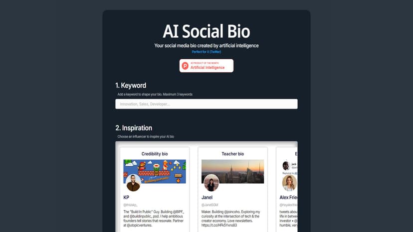 AI Social Bio - AI Social Bio 是一款利用人工智能生成社交媒体简介的工具，适用于Twitter、LinkedIn和Instagram。