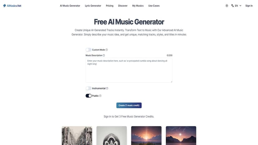 AIMusics.Net - 无需音乐技能，几分钟内用AI生成独特音乐、歌词和封面艺术。