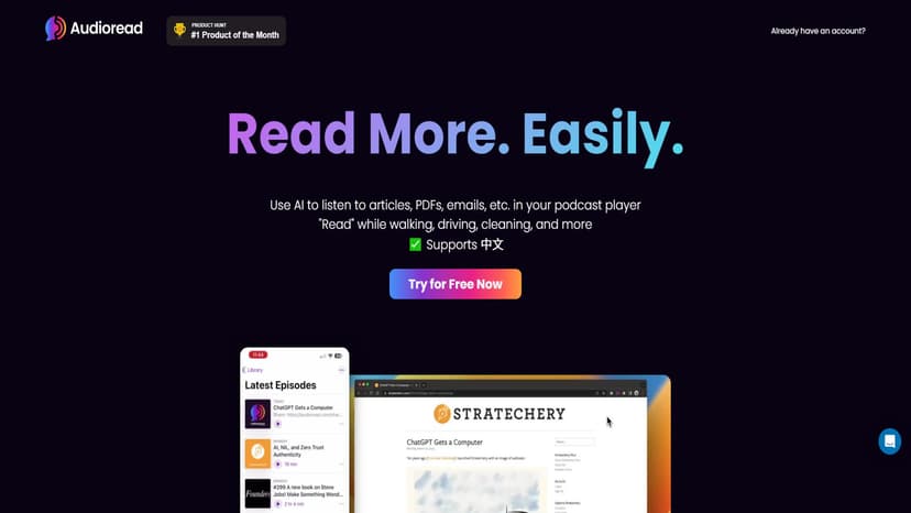 Audioread - Audioread是一款全新的语音读取工具，允许您将文章、PDF、电子邮件等文件转换为可在Podcast应用程序、移动应用或浏览器中播放的有声书。它提供Audible-like的声音，使阅读变得轻松愉快。
