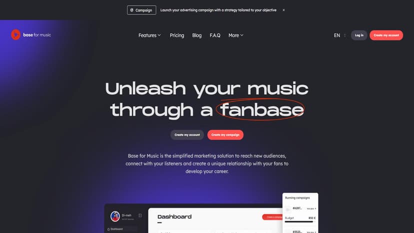 Base for Music - Base for Music是音乐艺术家们的营销解决方案，帮助他们扩大受众、与听众建立联系，并创造独特的情感关系，从而推动事业发展。