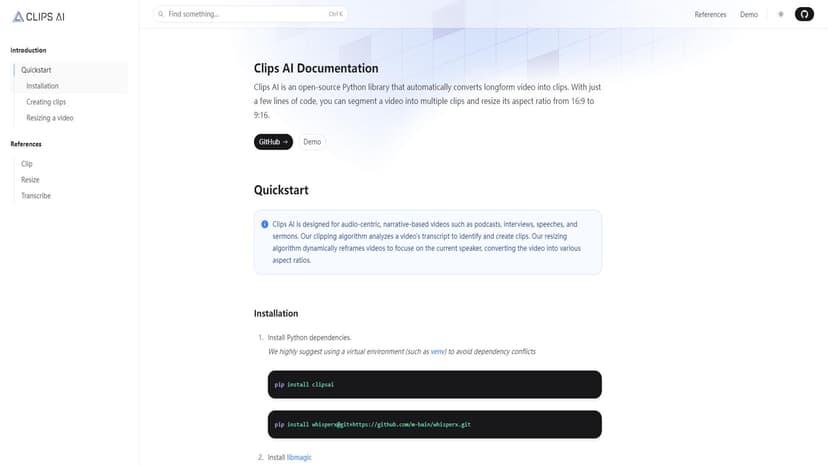 Clips AI - Clips AI 是一款 Python 库，可以帮助开发人员自动将长视频转换为多个短片。