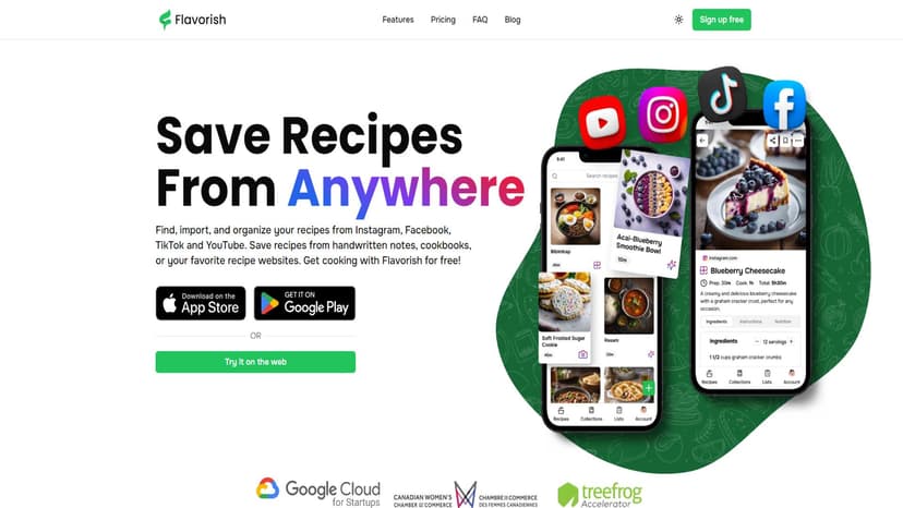 Flavorish - Flavorish是一款多平台食谱整合工具，可以从Instagram、TikTok、YouTube等社交媒体平台以及手写笔记、厨房书籍或其他网站上导入食谱，并进行组织和管理。无论是初学者还是专业厨师，Flavorish都能帮助你轻松保存并分享你的菜单。