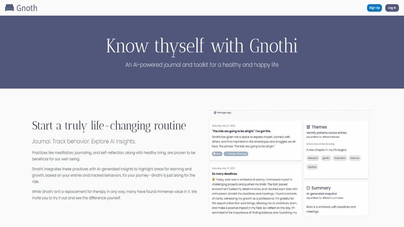 Gnothi - Gnothi是一个利用人工智能来提供洞察和资源的期刊，旨在帮助用户更好地理解他们所关心的话题。