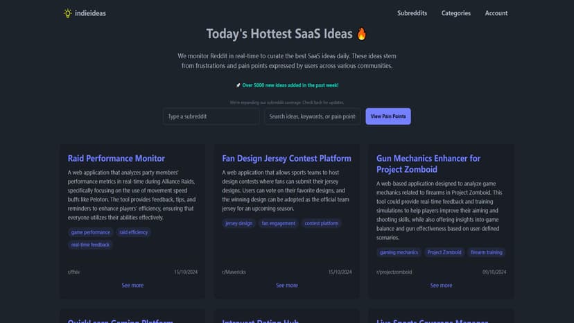 indieideas.io - 发现经过验证的微型SaaS和独立业务想法，从真实的用户痛点中提取。