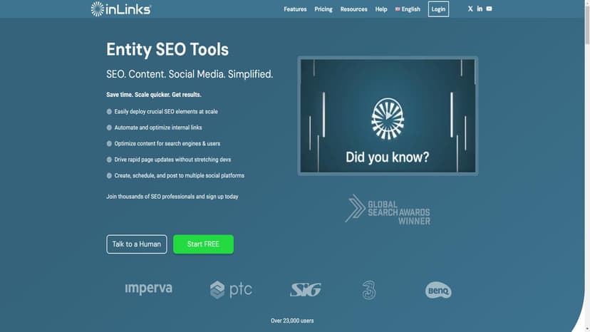 Inlinks Entity SEO Tool - Inlinks Entity SEO Tool是一款集成式的SEO工具，帮助用户优化内容并自动化内部链接，以快速更新页面。它为数千名SEO专业人士提供了简单而有效的解决方案。
