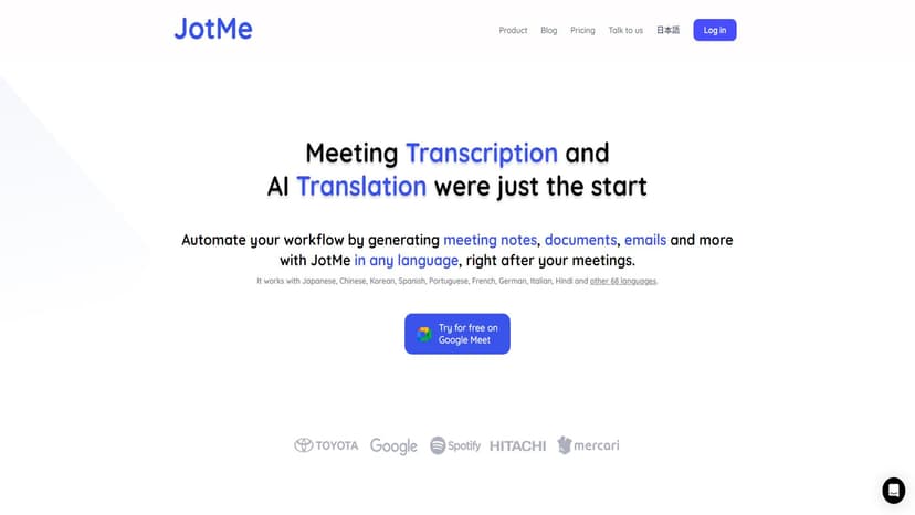 JotMe - JotMe是一款全能型会议助手和多语言翻译工具，能够为您提供即时的会议记录、翻译和文档生成功能。无论您的会议是面对面还是远程，您都可以轻松地使用JotMe来跟踪讨论内容，并根据您的需求生成各种格式的文件。