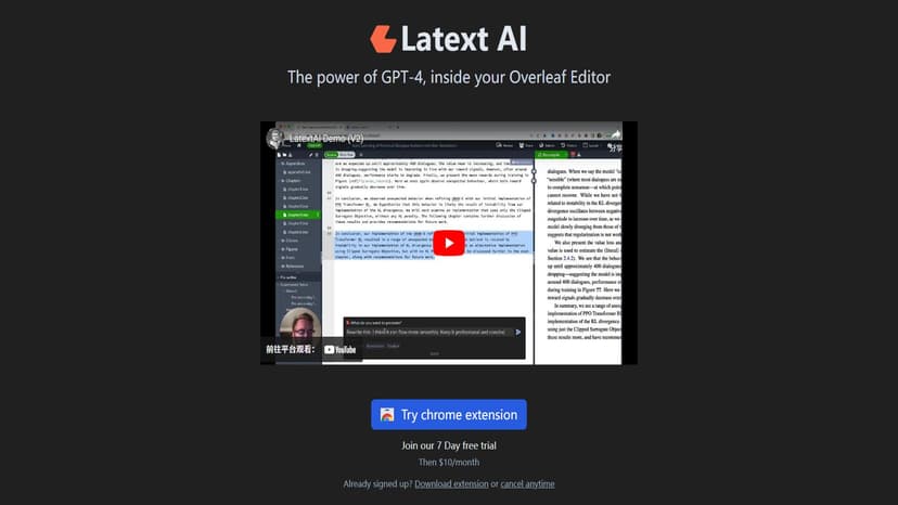 Latext AI - Latext AI将GPT-4的强大功能集成到Overleaf编辑器中，提升文档编辑效率。