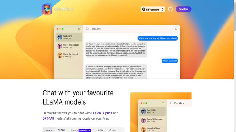 LlamaChat - LlamaChat让您能在Mac上本地运行并与LLaMA、Alpaca及GPT4All模型进行对话。