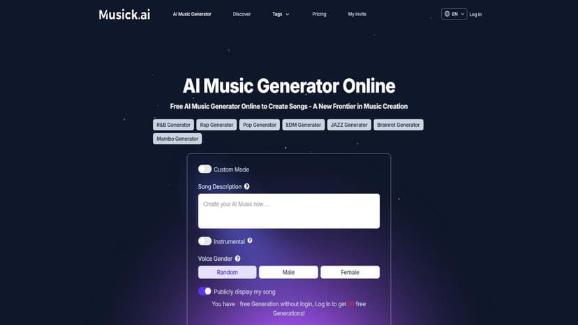Musick.ai - Musick.ai是一款革命性的AI音乐生成工具，集音乐理论和音乐广场于一体。使用AI创作歌曲，并立即开始创造AI音乐！。