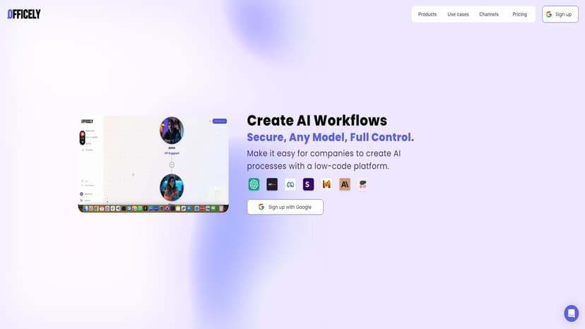 Officely AI - Officely AI是一个自动化工作流构建器，支持多种LLM模型，并能与多个平台集成。