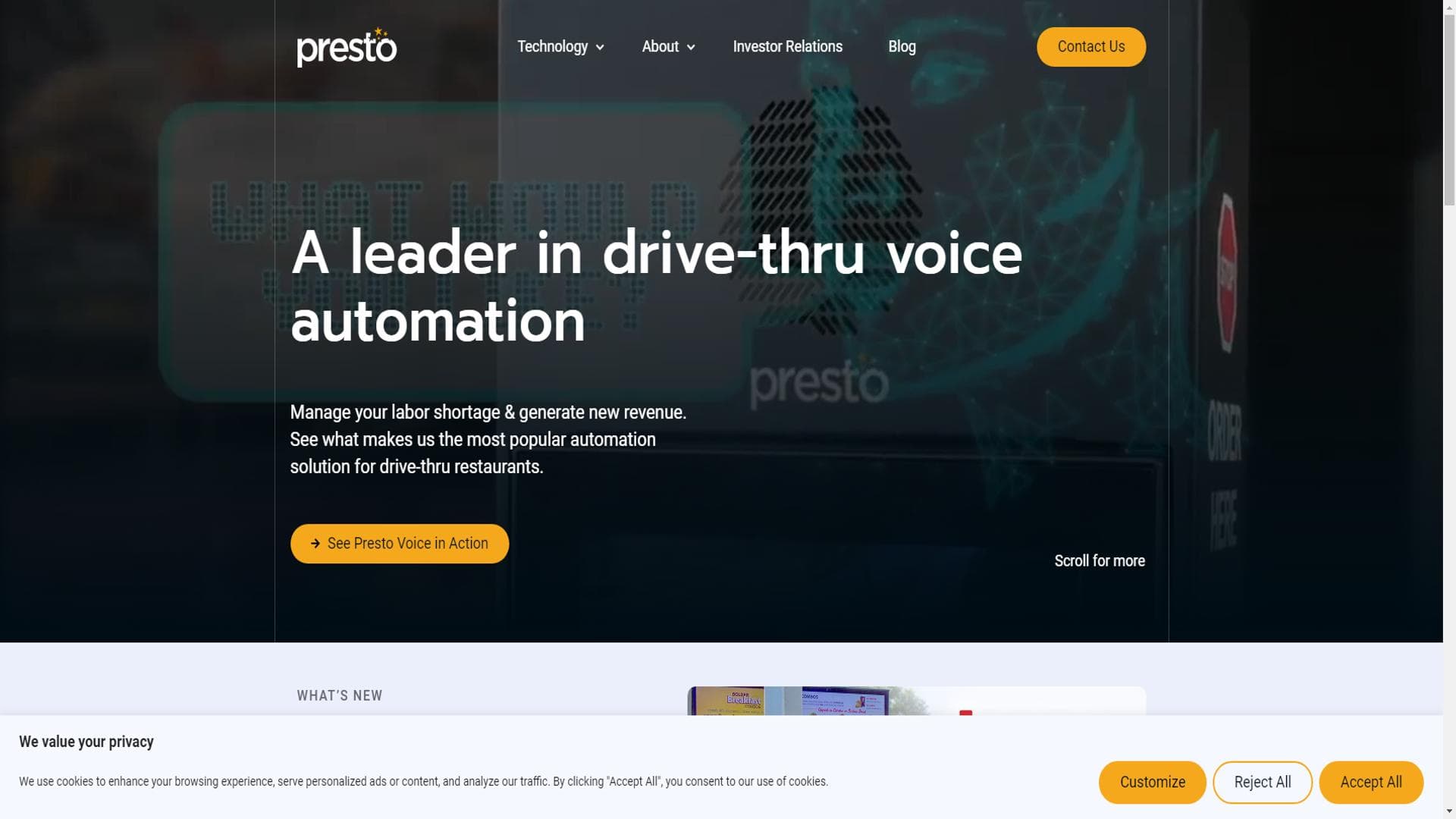 Presto Voice™：A.I.-驱动的自动化解决方案，提高快餐店效率和客户体验。