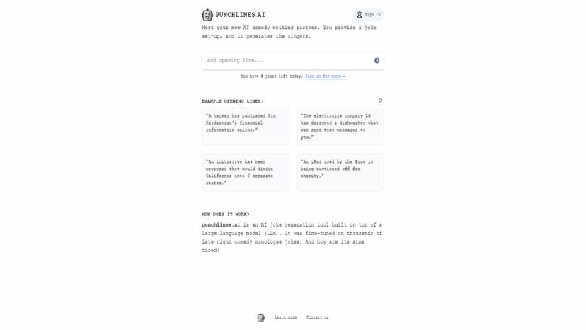 punchlines.ai - 使用GPT语言模型和大量深夜喜剧独白笑话进行训练，提供一个开场白，你可以利用它来创造精彩的笑话。