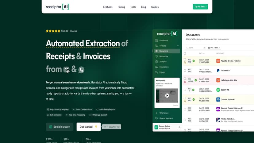 Receiptor AI - Receiptor AI是一款基于人工智能的软件，可以从电子邮件中自动提取和整理收据，并与管理系统集成，简化税务准备。可大大节省时间。
