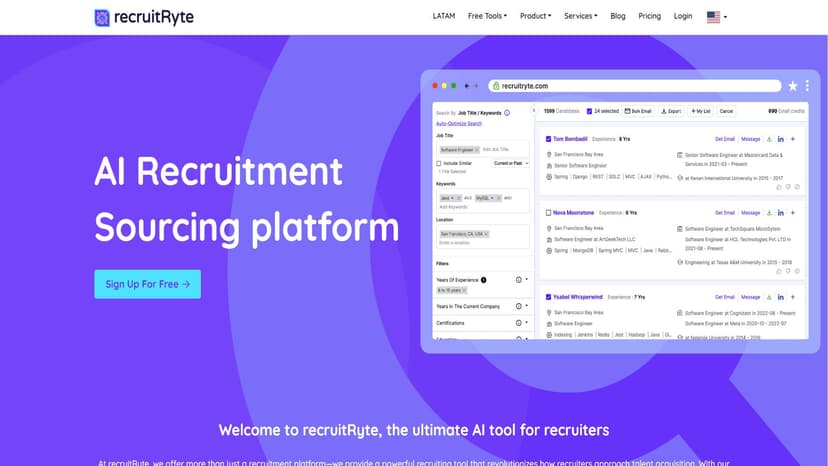RecruitRyte - RecruitRyte 是一个基于 AI 的免费招聘工具和招聘平台，旨在为招聘人员提供候选人筛选的最佳解决方案，以提高人才获取过程的效率。