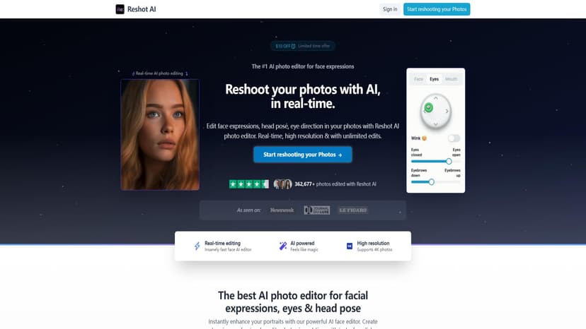 Face Editor - 这是一个用于重新拍摄照片的面部编辑和表情更改工具。使用AI技术，你可以实时控制头部姿势、眼睛方向和表情，达到专业化效果。