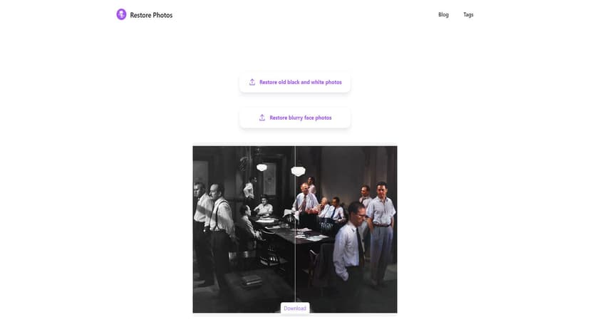 Restore Photos - 利用AI技术恢复老旧照片，包括高清面部修复和黑白照片上色，操作简单且免费。