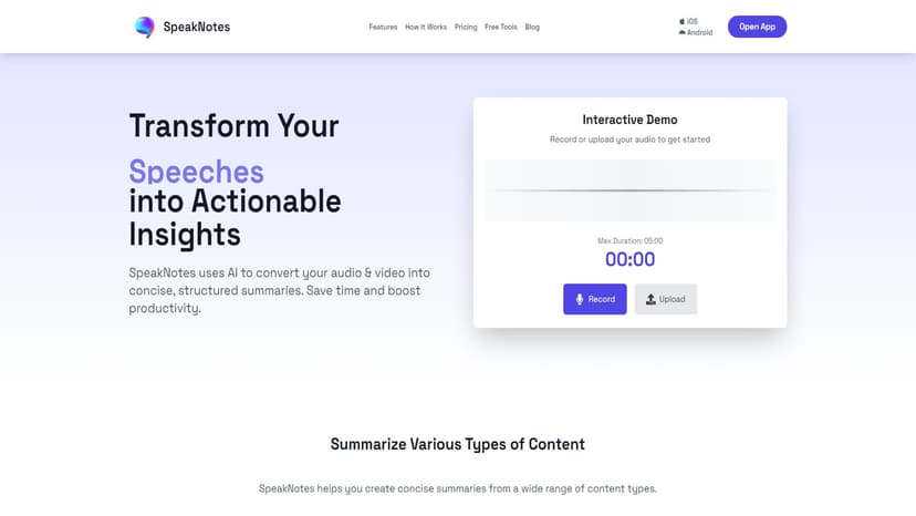 SpeakNotes - SpeakNotes利用AI技术，将语音备忘录、会议、讲座、播客等转化为简洁摘要。