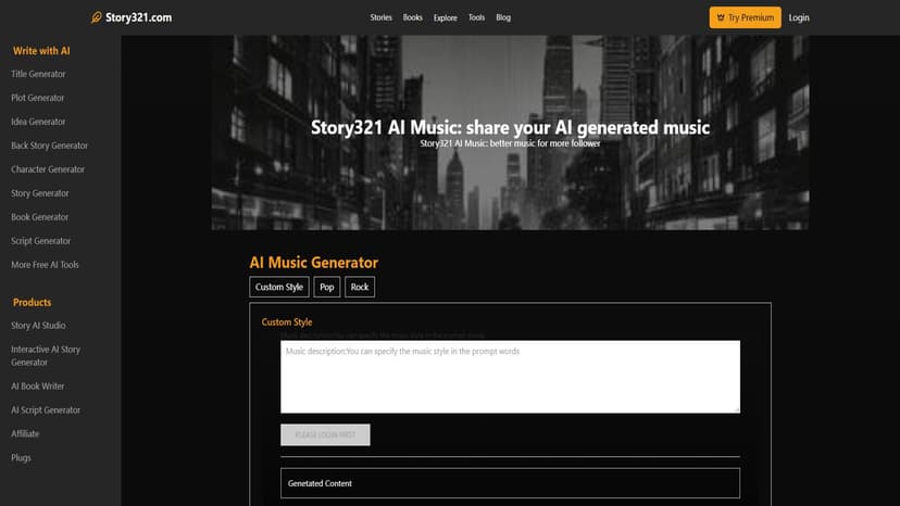 Story321 Music AI - Story321 Music AI 是一个利用AI生成音乐的工具和平台，用户可以通过简单的提示生成专业音乐。